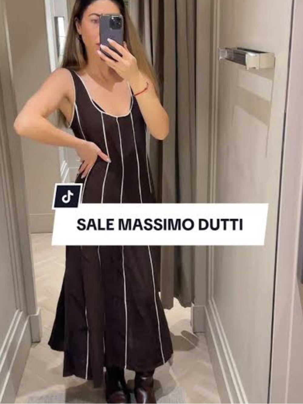 Massimo Dutti Black Midi Tank Dress with White Pinstripes